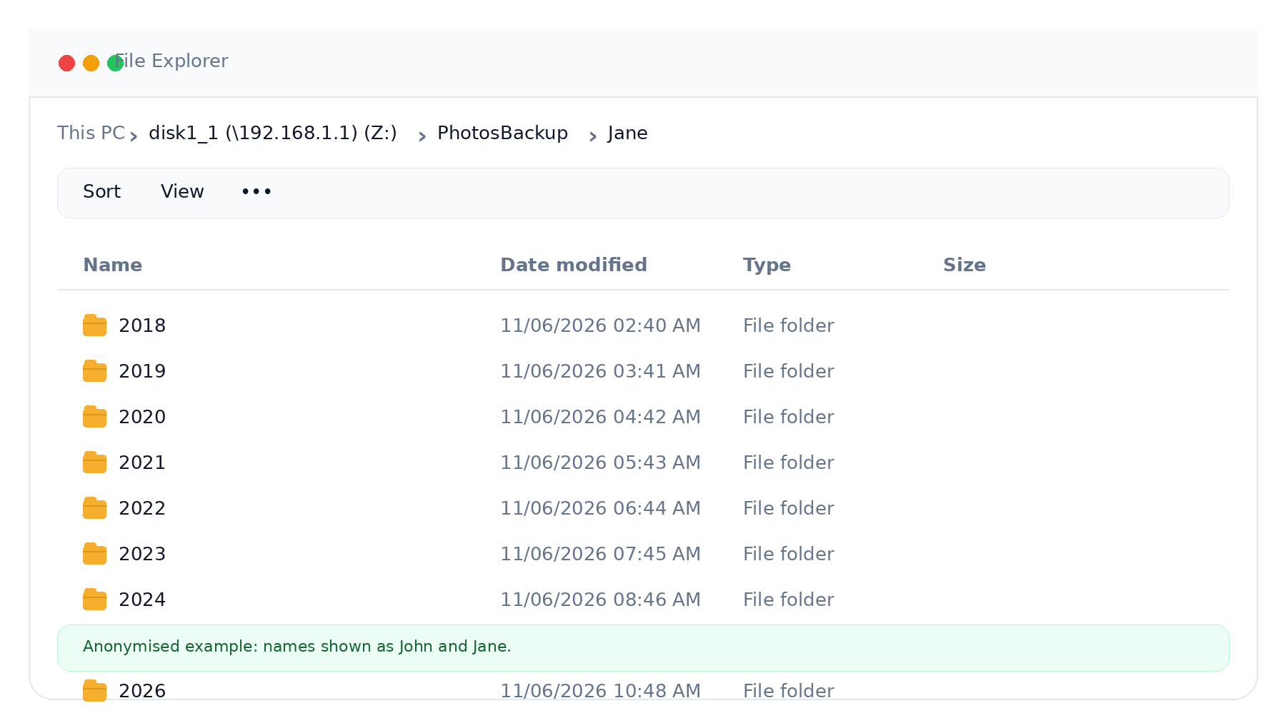 Anonymised storage example showing Jane's media organised into year folders
